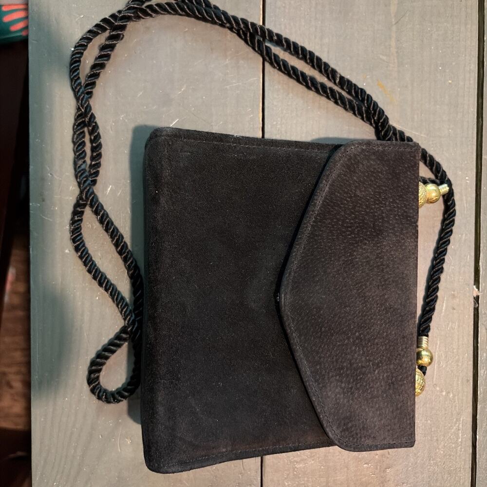 Mary Kay Vintage Black Suede Leather Small Shoulder Purse Gold Beads Tassel